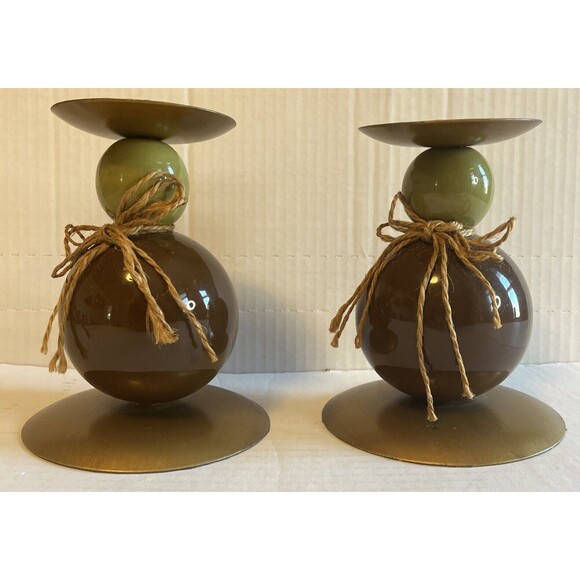 Vintage MCM Pillar Candle Holder Pair Green Brown Gold Stacked Round Minimalist - Picture 1 of 11